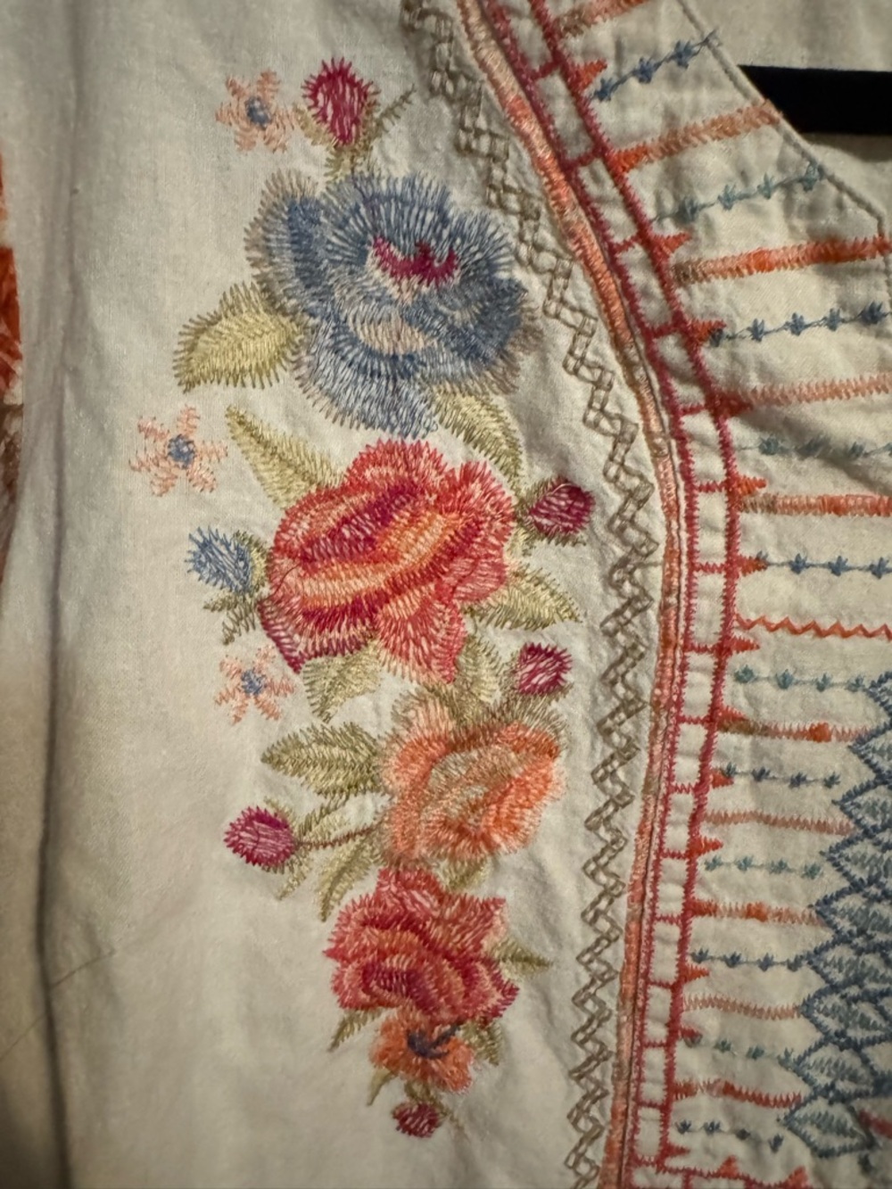 Coldwater Creek Cream Embroidered Peasant Blouse with Blue & Coral Accents - Picture 3 of 10